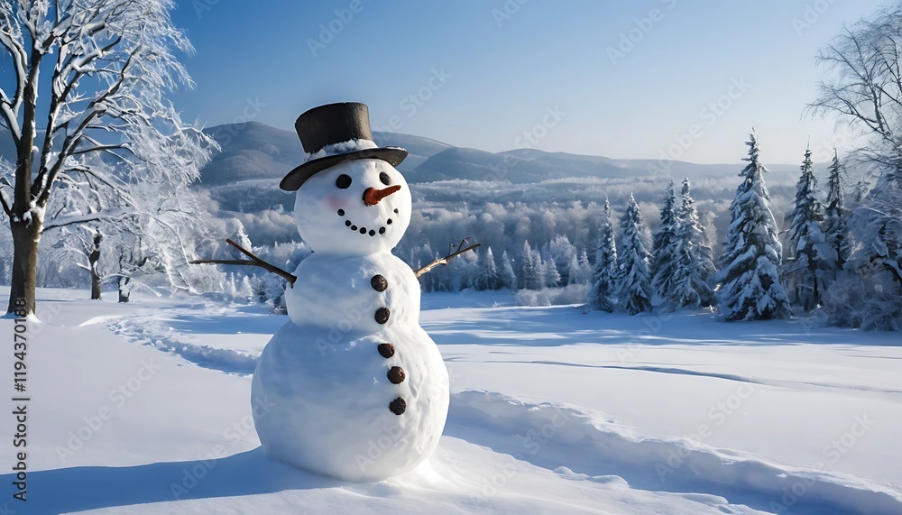Obraz premium Cheerful snowman in a snowy mountain landscape