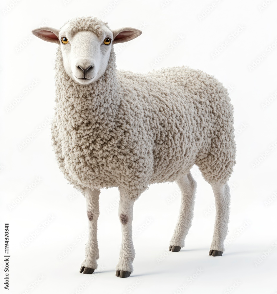 Fototapeta premium 3D render of a sheep on a white background, highly detailed and realistic, cute and fluffy, looking at the camera,