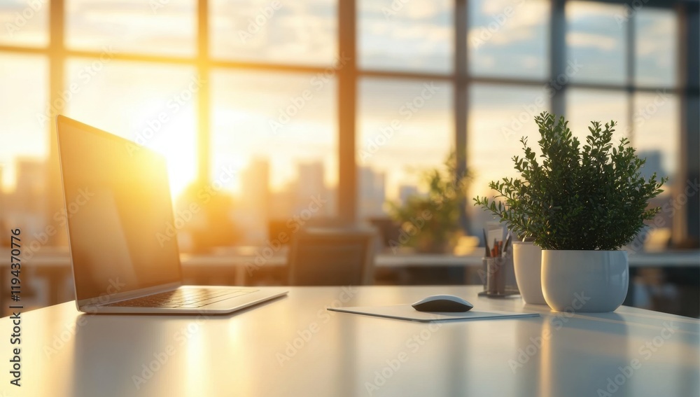 Fototapeta premium Sunset Office Workspace: Laptop, Plants, and City View