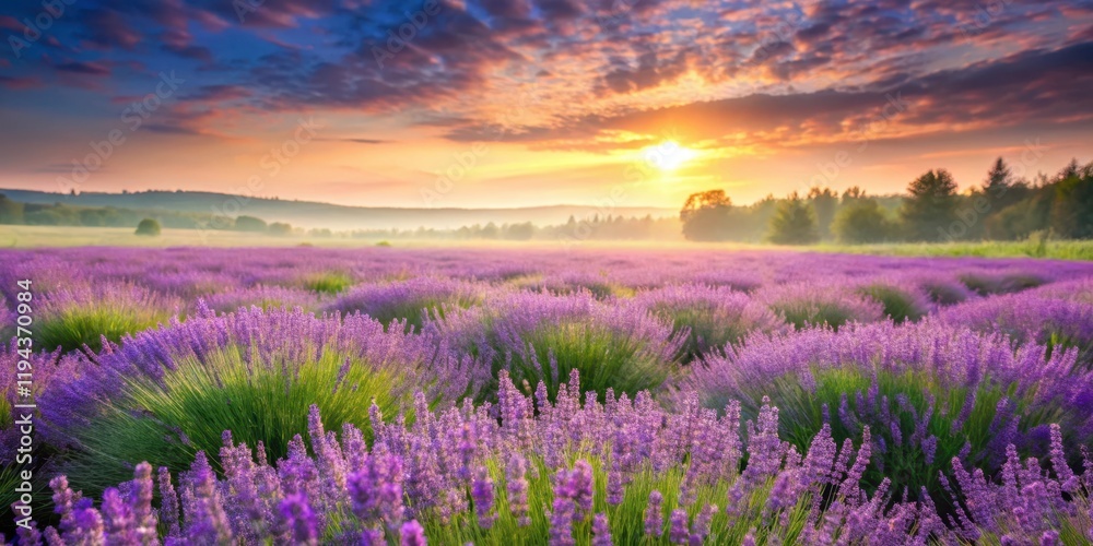 Obraz premium Serene Sunrise over a Vast Lavender Field, Bathed in Golden Light and Morning Mist