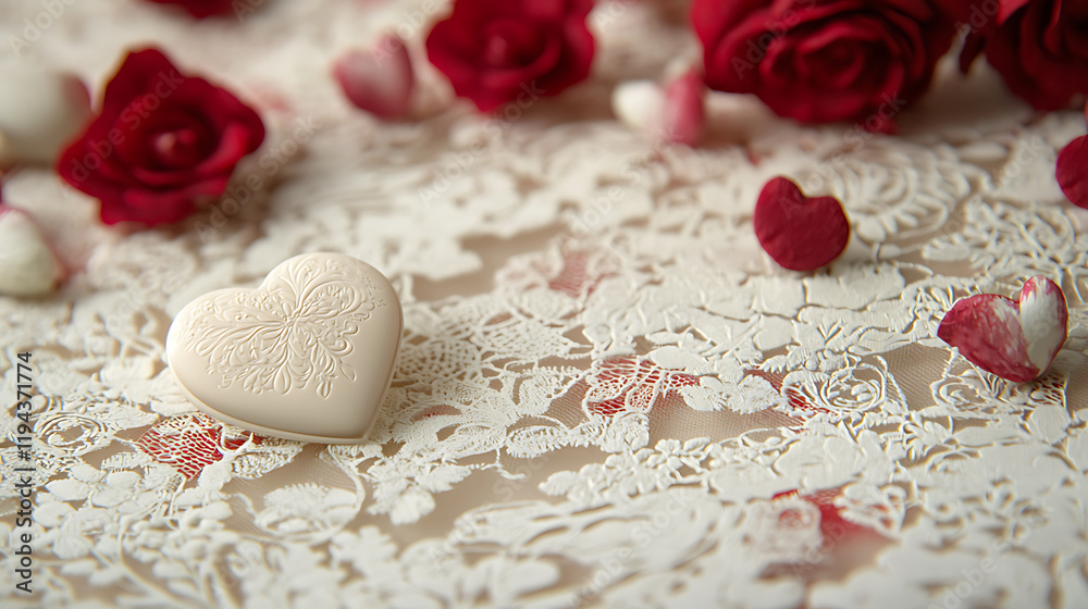Obraz premium Elegant Valentine card design featuring heart on lace with roses