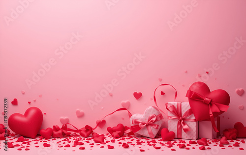 Subtle valentine's day background with a gradient pink design adorned with small scattered heart.