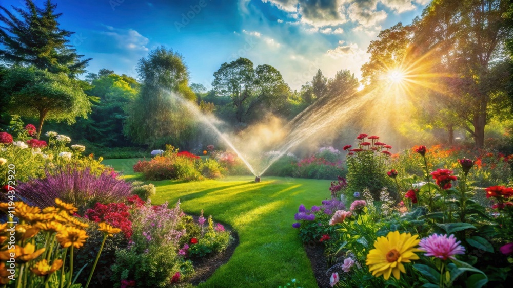 Obraz premium Lush Garden Oasis Sprinkler System Watering Vibrant Flowers and Green Lawn at Sunset
