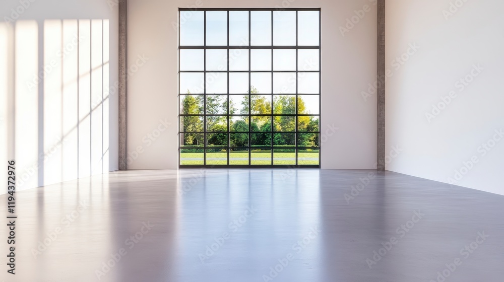Spacious Modern Interior with Large Window and Urban View Spacious Modern Interior with Large Window and Urban View