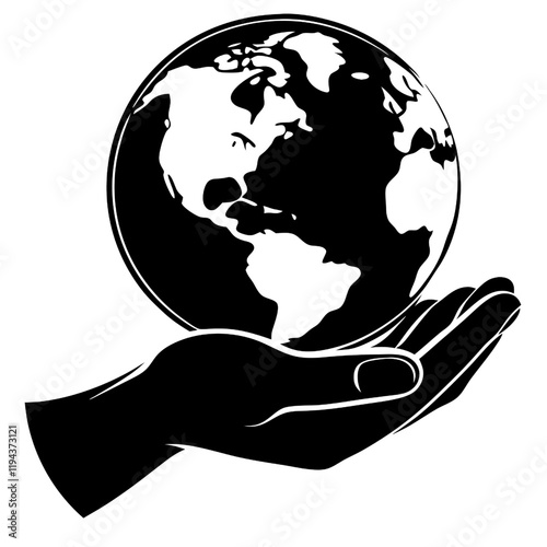 Global Care: A strong hand gently cradles the Earth, symbolizing protection, responsibility, and environmental consciousness.