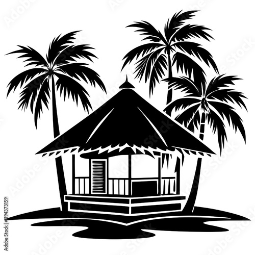 Tropical Beach Hut Silhouette: A stylized black and white illustration of a charming beach hut nestled amongst lush palm trees, evoking a sense of tropical paradise and relaxation. 