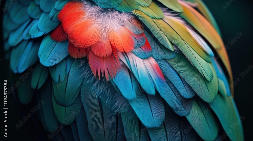 Fototapeta premium Close-up of vibrant bird feathers showcasing intricate colors and patterns.