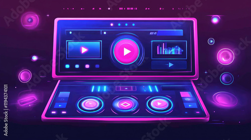Live stream background, online multimedia player windows and buttons. User interface of pink and blue colors. Social media channel, video blogging broadcasting streaming, Cartoon vector illustration