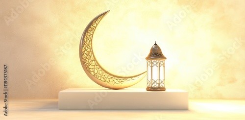 3D rendering of a white podium with a golden crescent moon and lantern for product presentation on a beige background, 