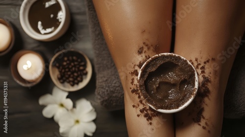 closeup woman legs with coffee massage scrub. Cosmetology, grooming, Spa cosmetic products, beauty and bikini concept. photo