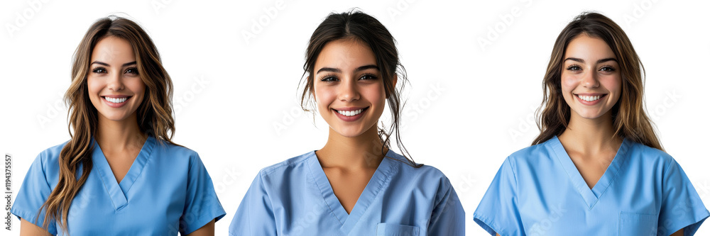 A Set of Beautiful Young Female Nurse Offering a Warm Smile in Blue Scrubs Isolated on Transparent Background A Set of Beautiful Young Female Nurse Offering a Warm Smile in Blue Scrubs Isolated on Transparent Background