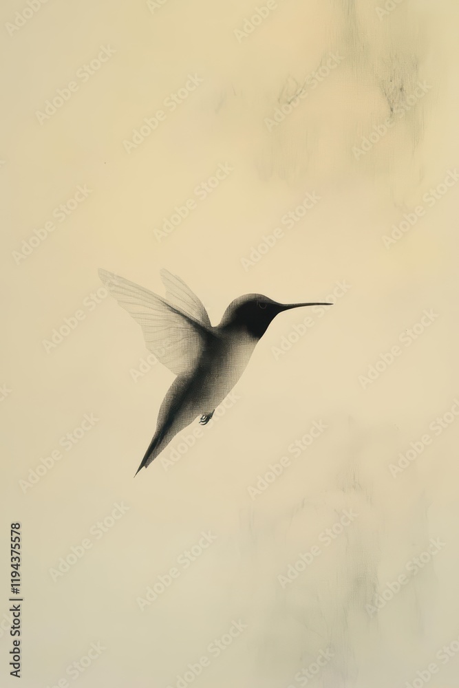 A silhouette of a hummingbird in soft, muted tones against a pale backdrop. A silhouette of a hummingbird in soft, muted tones against a pale backdrop.
