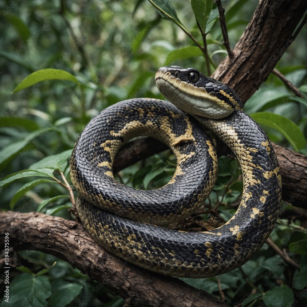 Photograph a snake coiled around a branch. Photograph a snake coiled around a branch.
