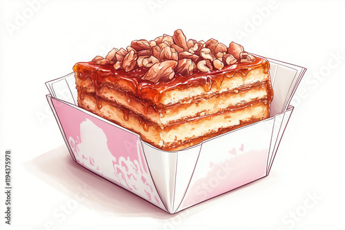 A cartoon-style  of a traditional East European dessert in a takeout package, featuring layered honey cake with caramelized sugar and nut toppings.