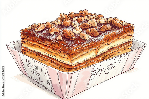 A cartoon-style  of a traditional East European dessert in a takeout package, featuring layered honey cake with caramelized sugar and nut toppings.