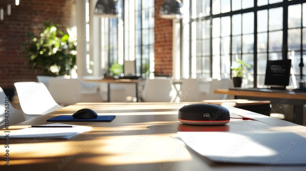 Modern office meeting room, device on table, sunlight Modern office meeting room, device on table, sunlight