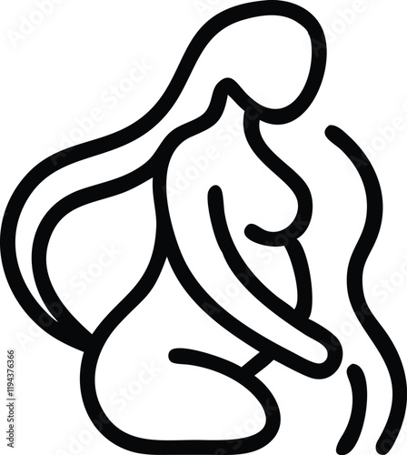 Minimalist line drawing, female silhouette, pregnant woman, curved lines, simple design, black and white, abstract art, elegant form, maternal figure, body contour, single continuous line, flowing sha
