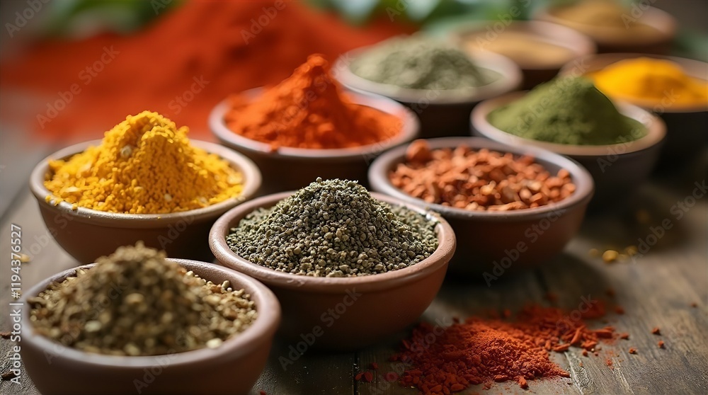 A close-up view of various colorful spices in small, terracotta-colored bowls arranged in a row on a rustic wooden surface A close-up view of various colorful spices in small, terracotta-colored bowls arranged in a row on a rustic wooden surface