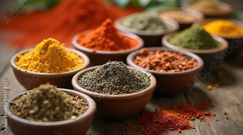 A close-up view of various colorful spices in small, terracotta-colored bowls arranged in a row on a rustic wooden surface