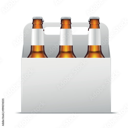 Six bottles of refreshing beer in a cardboard box isolated on white background