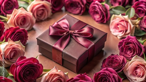 Fototapeta Naklejka Na Ścianę i Meble -  A maroon gift box with a satin ribbon surrounded by pink and burgundy roses