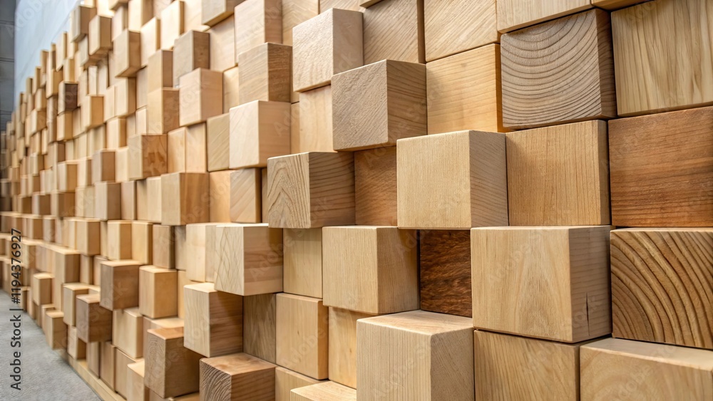 A wall made of wooden blocks with a lot of them stacked up A wall made of wooden blocks with a lot of them stacked up