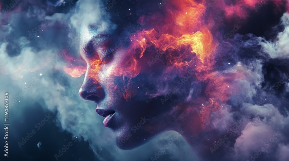 Abstract digital art of a woman's face surrounded by flames and smoke. Abstract digital art of a woman's face surrounded by flames and smoke.