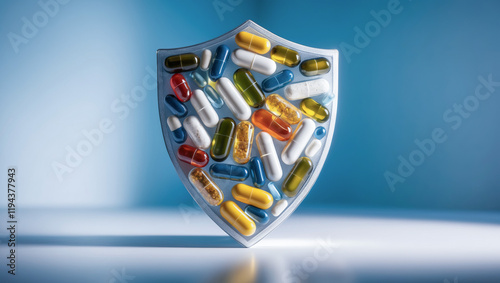 Various capsules and tablets arranged in a shield shape against a blue background representing health and protection