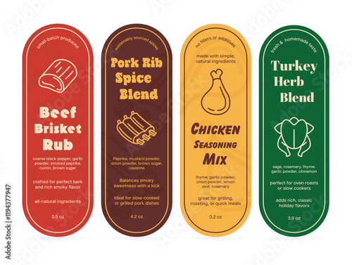 Labels for a variety of spice blends that will help enhance your culinary creations - from beef to poultry - with natural ingredients.