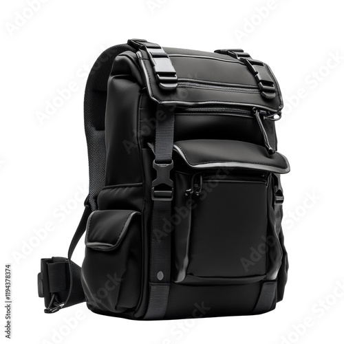 A sleek black backpack with multiple pockets and adjustable straps ideal for travel or everyday use. photo