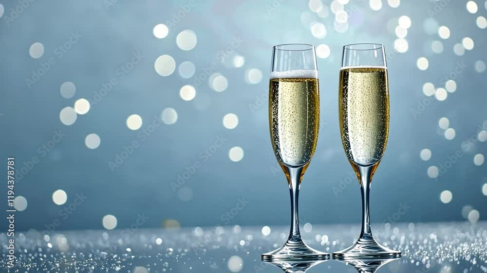 Toasting the New Year: Two elegant champagne flutes filled to the brim, sparkling with effervescence against a dreamy, bokeh-filled background. The image evokes feelings of celebration. Toasting the New Year: Two elegant champagne flutes filled to the brim, sparkling with effervescence against a dreamy, bokeh-filled background. The image evokes feelings of celebration.