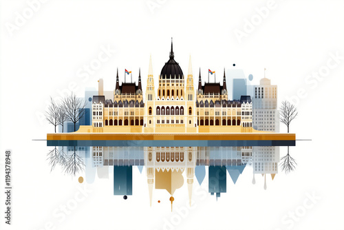 Flat vector-style cityscape of Budapest, Hungary, the iconic Parliament Building at the center draw in simplified with geometric shapes, minimal detailing