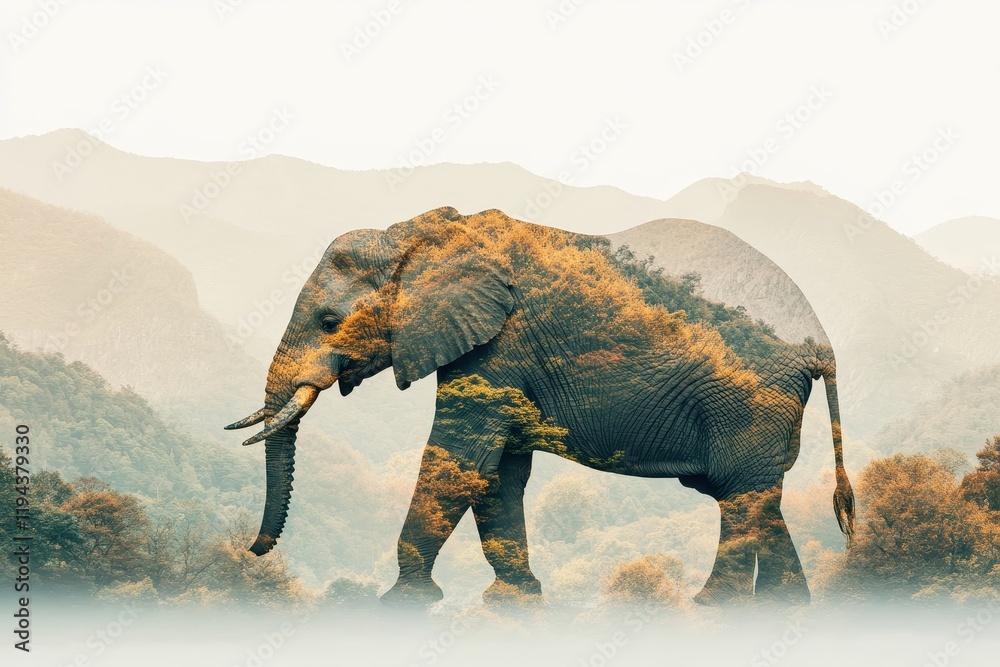 Fototapeta premium Double Exposure of Elephant Silhouette with Autumn Forest and Misty Mountain Landscape in Background
