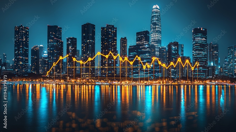 Obraz premium Night city skyline, financial graph, water reflection, economic growth