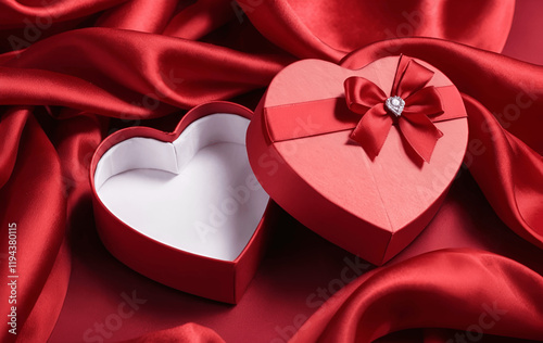 Luxurious red fabric background featuring heart-shaped decorations.