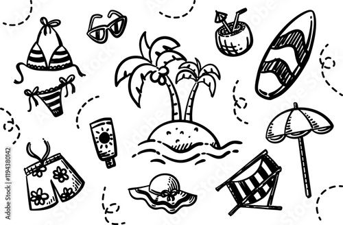 Travel Beach Hand Drawing, coconut tree, woman bikini swimsuit, sun cream, drawstring shorts, sunglasses, beach hat, coconut, surf board, umbrella, wooden folding chair, summer