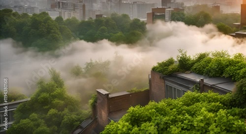 Rooftop Herbs Framed by Urban Morning Mist