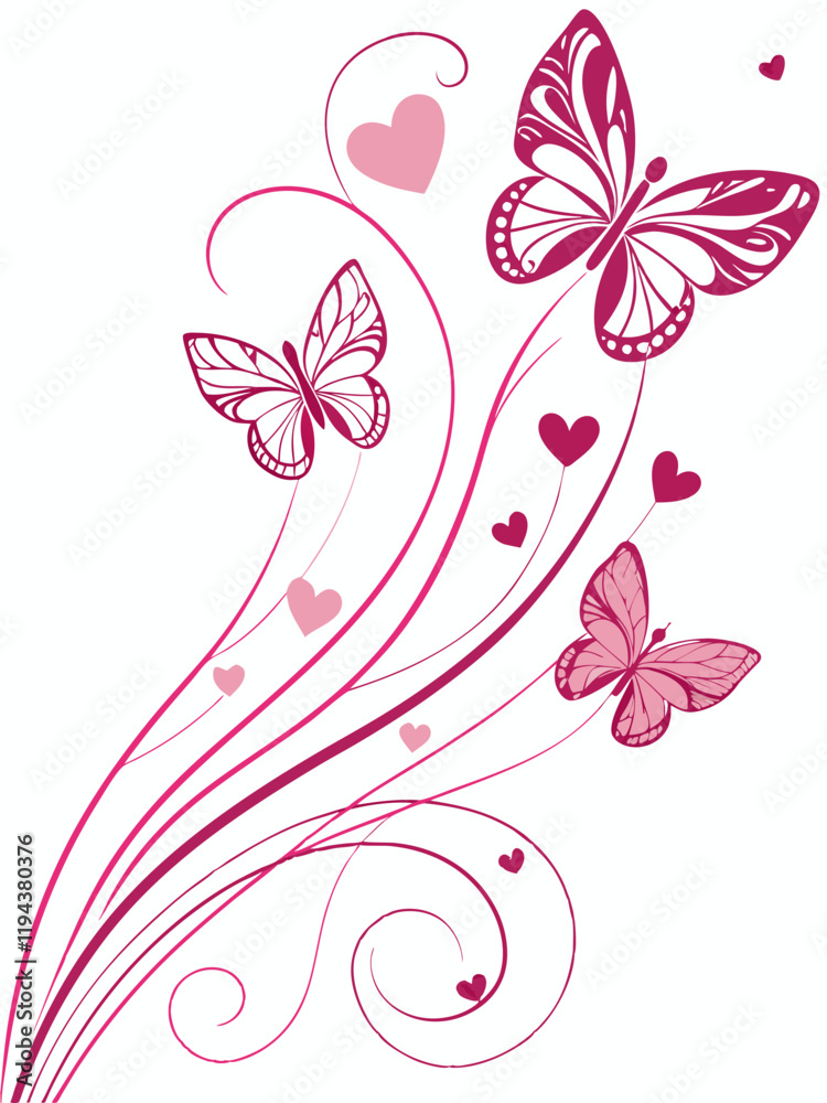 Fototapeta premium Ai generates vibrant butterflies and hearts in pink abstract background creative digital art whimsical environment artistic viewpoint