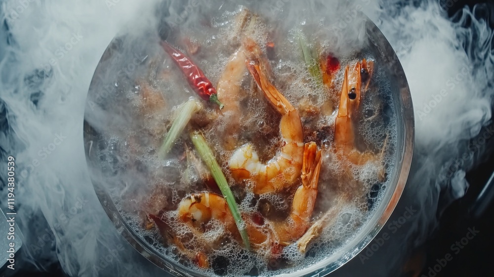 A top-down view of a steaming bowl of Tom Yum Goong, with large prawns, mushrooms, lemongrass, and vibrant chili floating in a rich, aromatic broth. A top-down view of a steaming bowl of Tom Yum Goong, with large prawns, mushrooms, lemongrass, and vibrant chili floating in a rich, aromatic broth.