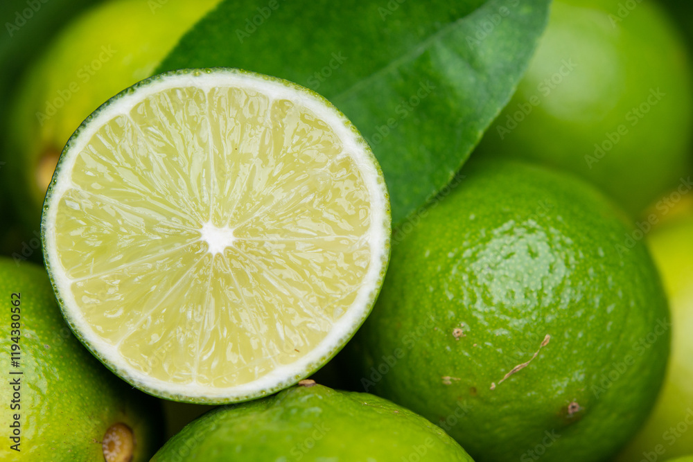 Close-up of a fresh lime cut in half, revealing its juicy, textured interior, surrounded by whole limes and vibrant green leaves. Close-up of a fresh lime cut in half, revealing its juicy, textured interior, surrounded by whole limes and vibrant green leaves.