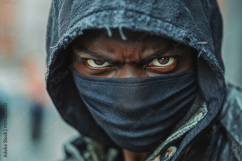Intense gaze of a masked individual in urban environment capturing a moment of tension and mystery Intense gaze of a masked individual in urban environment capturing a moment of tension and mystery