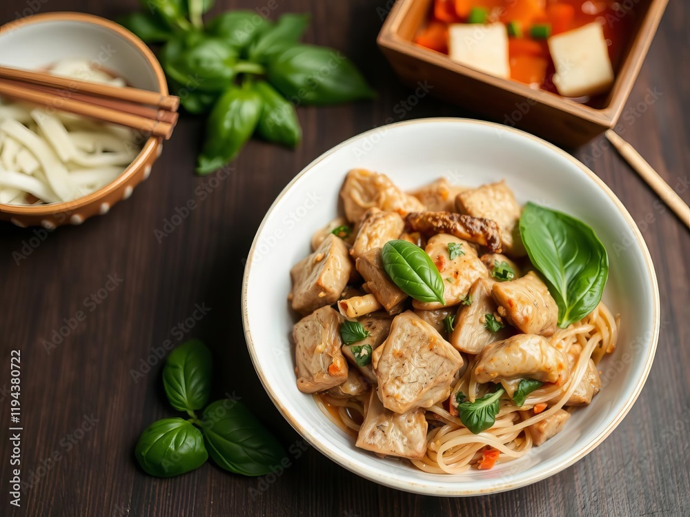 Stir fried pork with basil Thai recipe in a sizzling pan, stir fry, Asian Stir fried pork with basil Thai recipe in a sizzling pan, stir fry, Asian