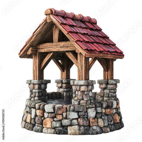 A 3D rendered image of a quaint stone well with a red tiled roof and wooden supports.