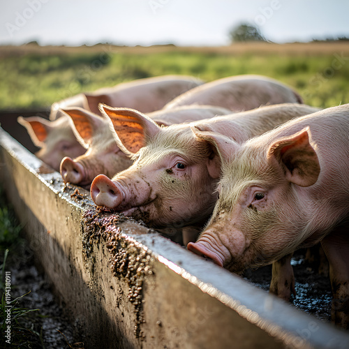 Pigs eating slop on a farm 