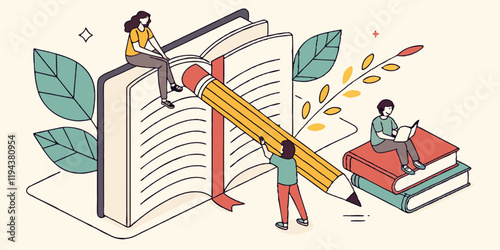 Ai generates engaging learning scenes people interacting with books and pencils in a creative environment