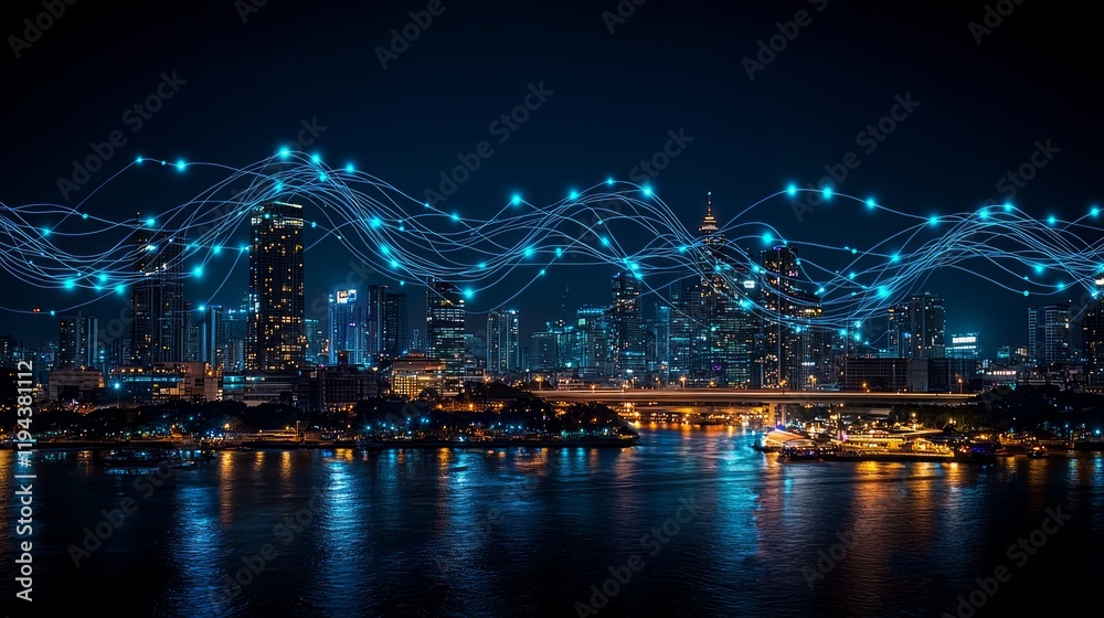 Fototapeta premium Night cityscape, digital network overlay, river reflection, urban development, tech illustration