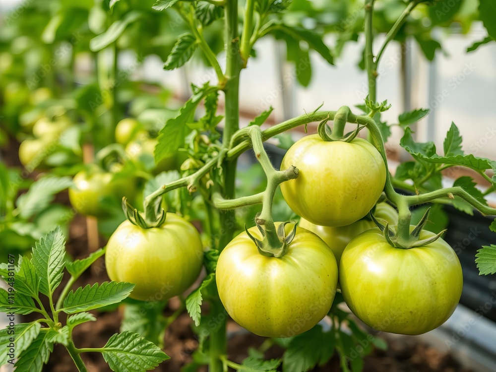 Green tomatoes growing in a sustainable agriculture greenhouse, showcasing local food production, local food production, organic Green tomatoes growing in a sustainable agriculture greenhouse, showcasing local food production, local food production, organic