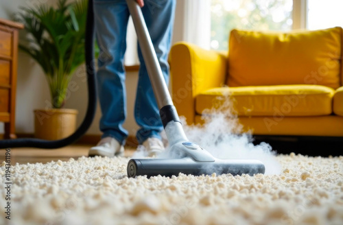 Person uses a vacuum to clean a carpet while steam rises, creating a fresh atmosphere in a bright living room photo