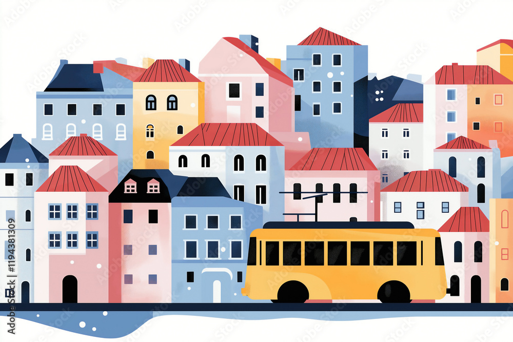 Fototapeta premium flat vector-style winter cityscape of Lisbon, Portugal, showing buildings in pastel pink, blue, and yellow with minimal window and door, A classic yellow tram moves along the street