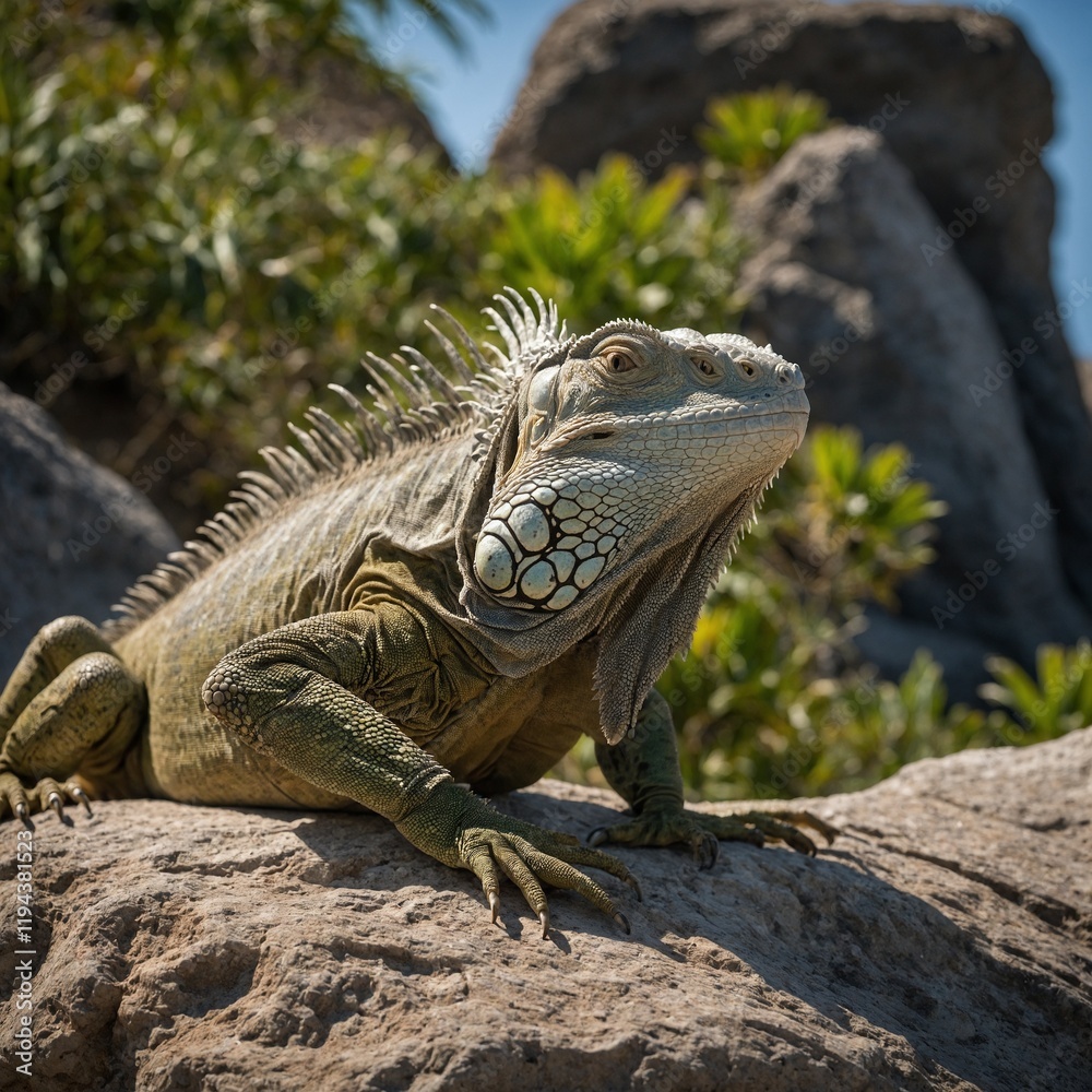 Capture an iguana sunning itself on a rock. Capture an iguana sunning itself on a rock.